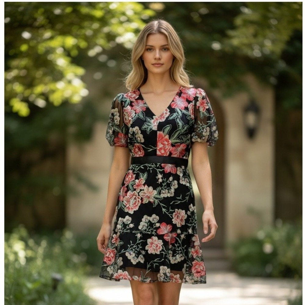 Sam Edelman Black Floral Embroidered‎ Mesh Dress V-Neck Ruffle Hem Size 0 NWT
